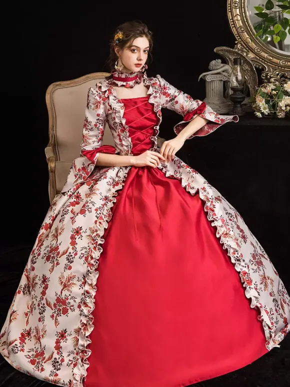 Victorian Retro Tudor Dress Costumes Women's Red Retro Tudor Dress Costumes Ruffle Bow Floral Print Dress Marie Antoinette Victorian Era Clothing Masquerade Ball Gown Burgundy