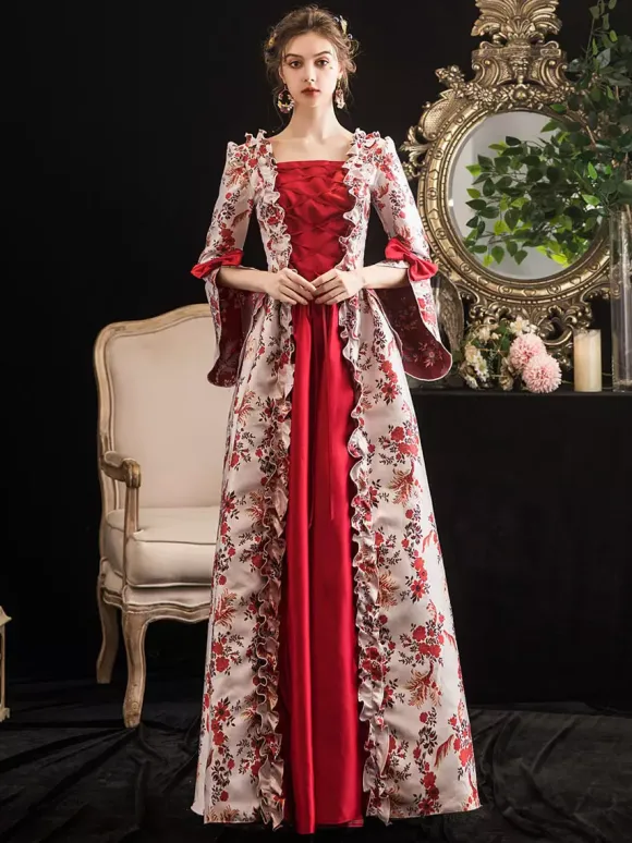Victorian Retro Tudor Dress Costumes Women's Red Retro Tudor Dress Costumes Ruffle Bow Floral Print Dress Marie Antoinette Victorian Era Clothing Masquerade Ball Gown Burgundy