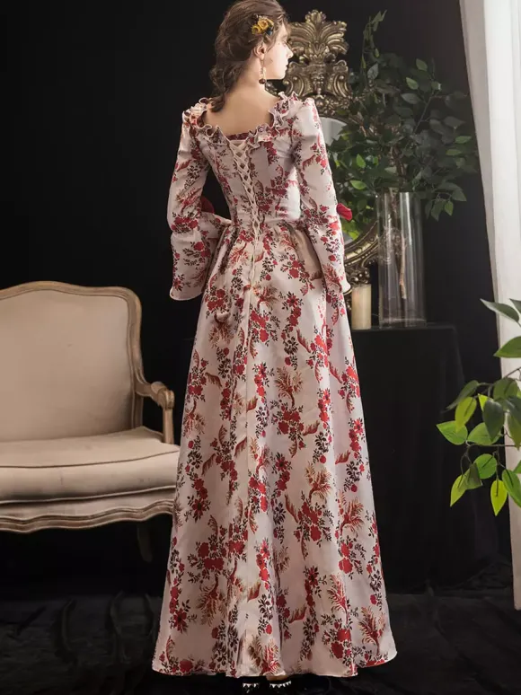 Victorian Retro Tudor Dress Costumes Women's Red Retro Tudor Dress Costumes Ruffle Bow Floral Print Dress Marie Antoinette Victorian Era Clothing Masquerade Ball Gown Burgundy