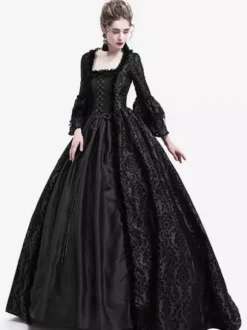 Victorian Retro Tudor Dress Costume Women's Long Gothic Trumpet Long sleeves Black Ball Gown Square neckline Victorian Era Clothing with hat Retro Tudor Dress Costumes