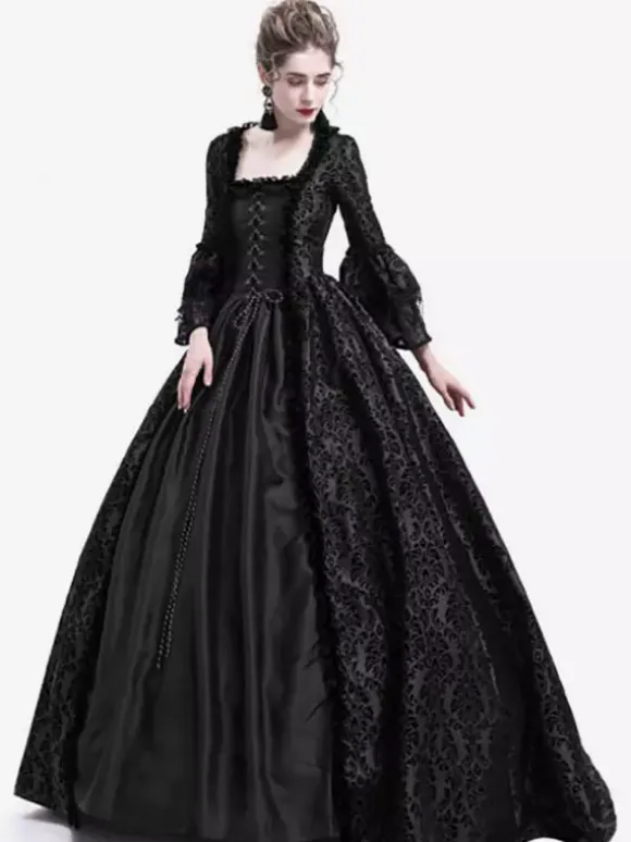 Victorian Retro Tudor Dress Costume Women's Long Gothic Trumpet Long sleeves Black Ball Gown Square neckline Victorian Era Clothing with hat Retro Tudor Dress Costumes