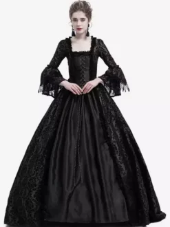 Victorian Retro Tudor Dress Costume Women's Long Gothic Trumpet Long sleeves Black Ball Gown Square neckline Victorian Era Clothing with hat Retro Tudor Dress Costumes