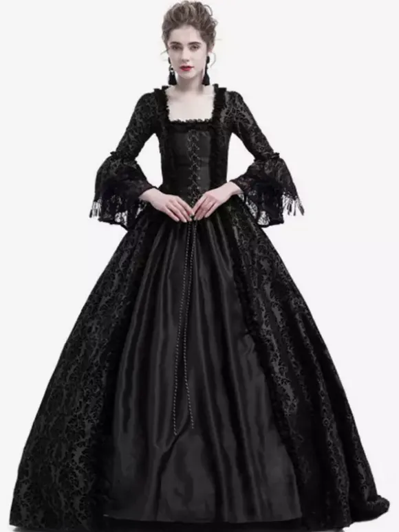 Victorian Retro Tudor Dress Costume Women's Long Gothic Trumpet Long sleeves Black Ball Gown Square neckline Victorian Era Clothing with hat Retro Tudor Dress Costumes