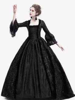 Victorian Retro Tudor Dress Costume Women's Long Gothic Trumpet Long sleeves Black Ball Gown Square neckline Victorian Era Clothing with hat Retro Tudor Dress Costumes