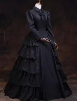 Victorian Retro Tudor Dress Costume Women's Black Ruffles Masquerade Ball Gowns Long Sleeves lapel Victoria Era Clothing Retro Costume
