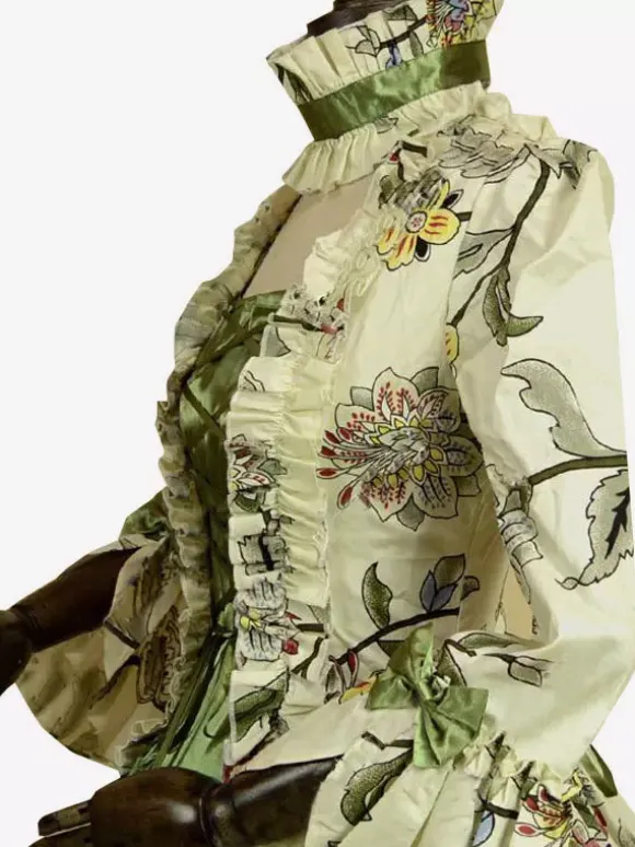 Victorian Retro Tudor Dress Costume Green Retro Tudor Dress Costumes Long Sleeves Square Neckline Ball Gown Floral Print with Choker Victorian Era Clothing Marie Antoinette Costume Set