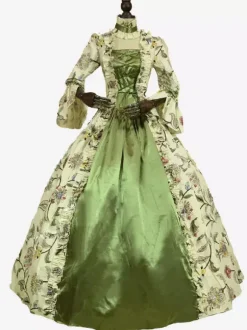 Victorian Retro Tudor Dress Costume Green Retro Tudor Dress Costumes Long Sleeves Square Neckline Ball Gown Floral Print with Choker Victorian Era Clothing Marie Antoinette Costume Set