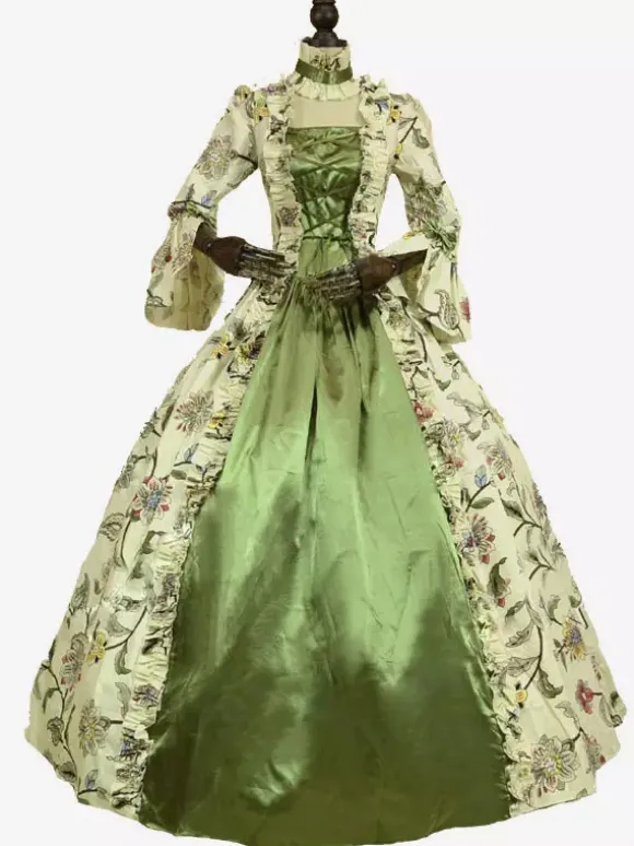 Victorian Retro Tudor Dress Costume Green Retro Tudor Dress Costumes Long Sleeves Square Neckline Ball Gown Floral Print with Choker Victorian Era Clothing Marie Antoinette Costume Set