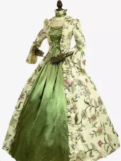 Victorian Retro Tudor Dress Costume Green Retro Tudor Dress Costumes Long Sleeves Square Neckline Ball Gown Floral Print with Choker Victorian Era Clothing Marie Antoinette Costume Set