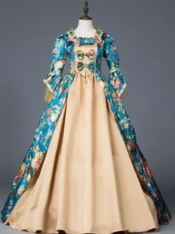 Victorian Retro Tudor Dress Costume Women's Teal Floral Print Bow Ruffle Matte Satin Set Marie Antoinette Rococo Half Sleeves Victorian Era Style Vintage Dress