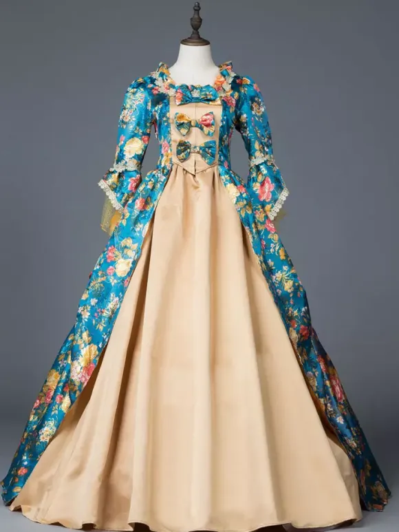 Victorian Retro Tudor Dress Costume Women's Teal Floral Print Bow Ruffle Matte Satin Set Marie Antoinette Rococo Half Sleeves Victorian Era Style Vintage Dress