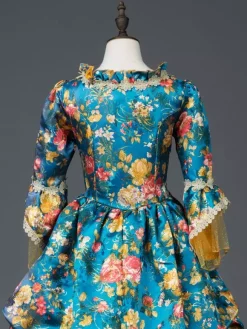 Victorian Retro Tudor Dress Costume Women's Teal Floral Print Bow Ruffle Matte Satin Set Marie Antoinette Rococo Half Sleeves Victorian Era Style Vintage Dress