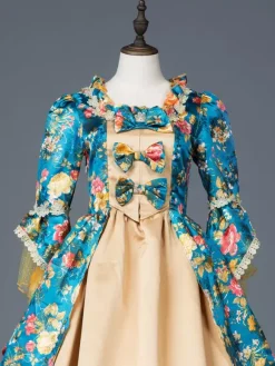 Victorian Retro Tudor Dress Costume Women's Teal Floral Print Bow Ruffle Matte Satin Set Marie Antoinette Rococo Half Sleeves Victorian Era Style Vintage Dress
