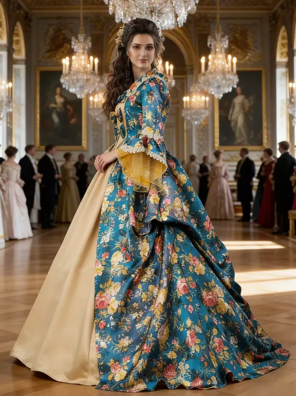 Victorian Retro Tudor Dress Costume Women's Teal Floral Print Bow Ruffle Matte Satin Set Marie Antoinette Rococo Half Sleeves Victorian Era Style Vintage Dress