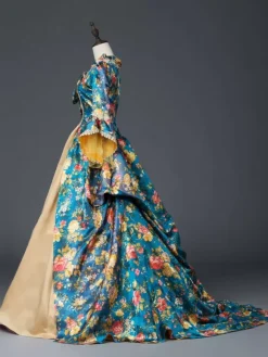 Victorian Retro Tudor Dress Costume Women's Teal Floral Print Bow Ruffle Matte Satin Set Marie Antoinette Rococo Half Sleeves Victorian Era Style Vintage Dress