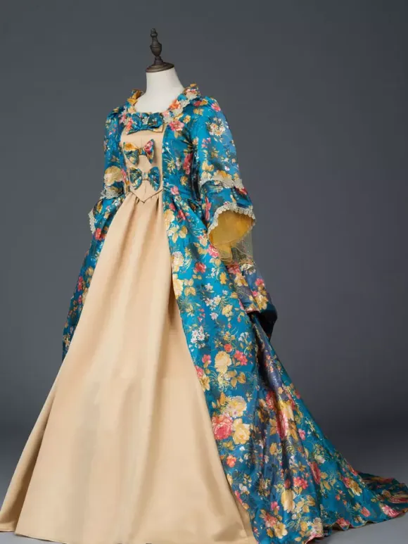 Victorian Retro Tudor Dress Costume Women's Teal Floral Print Bow Ruffle Matte Satin Set Marie Antoinette Rococo Half Sleeves Victorian Era Style Vintage Dress