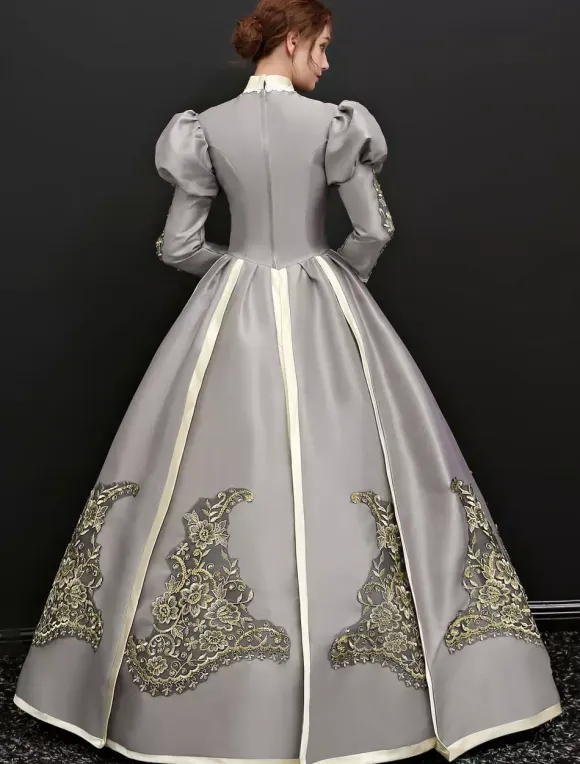 Victorian Retro Tudor Dress Costume Women's Victorian Long Sleeves Silver Grey Ball Gown Stand Collar Victorian Era Clothing Retro Tudor Dress Costumes