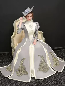 Victorian Retro Tudor Dress Costume Women's Victorian Long Sleeves Silver Grey Ball Gown Stand Collar Victorian Era Clothing Retro Tudor Dress Costumes