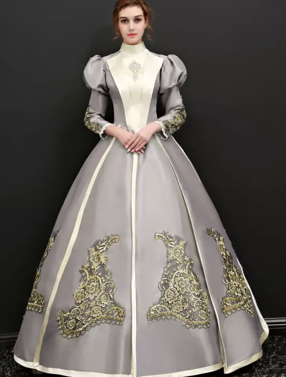 Victorian Retro Tudor Dress Costume Women's Victorian Long Sleeves Silver Grey Ball Gown Stand Collar Victorian Era Clothing Retro Tudor Dress Costumes