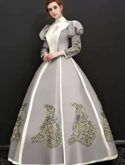 Victorian Retro Tudor Dress Costume Women's Victorian Long Sleeves Silver Grey Ball Gown Stand Collar Victorian Era Clothing Retro Tudor Dress Costumes