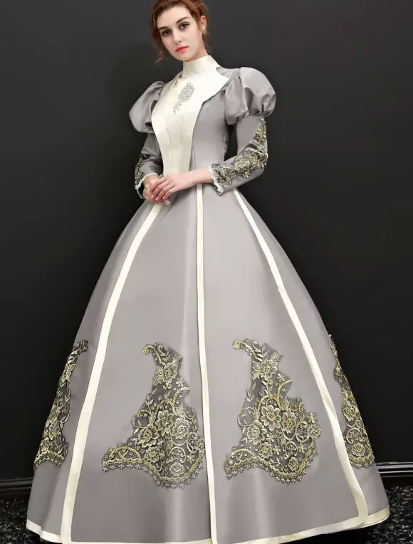 Victorian Retro Tudor Dress Costume Women's Victorian Long Sleeves Silver Grey Ball Gown Stand Collar Victorian Era Clothing Retro Tudor Dress Costumes