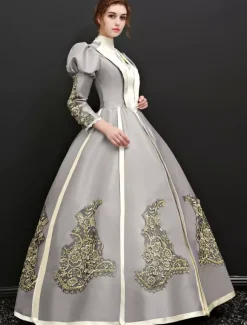 Victorian Retro Tudor Dress Costume Women's Victorian Long Sleeves Silver Grey Ball Gown Stand Collar Victorian Era Clothing Retro Tudor Dress Costumes
