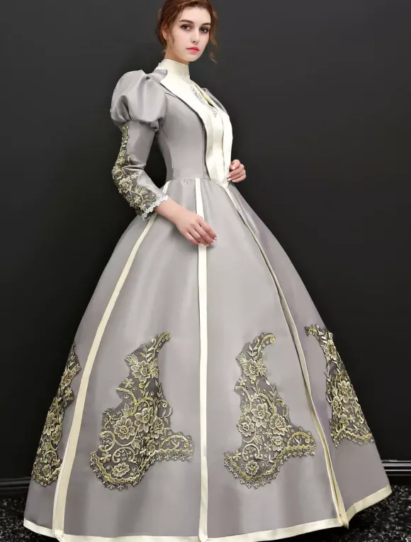 Victorian Retro Tudor Dress Costume Women's Victorian Long Sleeves Silver Grey Ball Gown Stand Collar Victorian Era Clothing Retro Tudor Dress Costumes