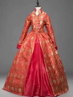 Victorian Retro Tudor Dress Costume Women's Red Baroque Stand collar Lace Ruffles Long Sleeves Victorian era Clothing Party Dresses Burgundy