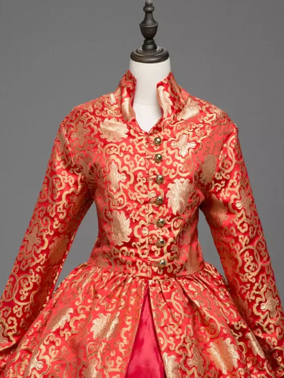 Victorian Retro Tudor Dress Costume Women's Red Baroque Stand collar Lace Ruffles Long Sleeves Victorian era Clothing Party Dresses Burgundy