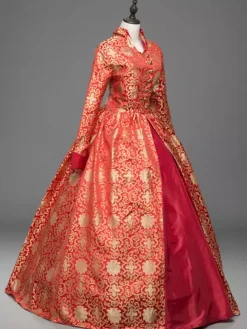 Victorian Retro Tudor Dress Costume Women's Red Baroque Stand collar Lace Ruffles Long Sleeves Victorian era Clothing Party Dresses Burgundy