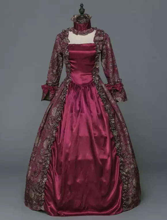 Victorian Retro Tudor Dress Costume Women's Baroque Masquerade Ball Gowns Burgundy Floral Long Sleeves with Choker Victorian Era Clothing with hat Retro Tudor Dress Costumes