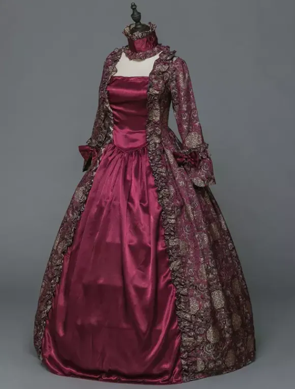 Victorian Retro Tudor Dress Costume Women's Baroque Masquerade Ball Gowns Burgundy Floral Long Sleeves with Choker Victorian Era Clothing with hat Retro Tudor Dress Costumes