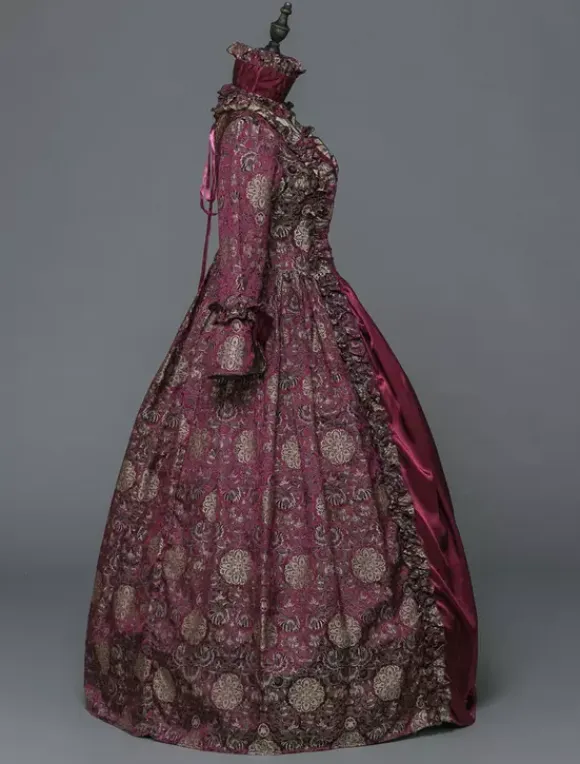 Victorian Retro Tudor Dress Costume Women's Baroque Masquerade Ball Gowns Burgundy Floral Long Sleeves with Choker Victorian Era Clothing with hat Retro Tudor Dress Costumes