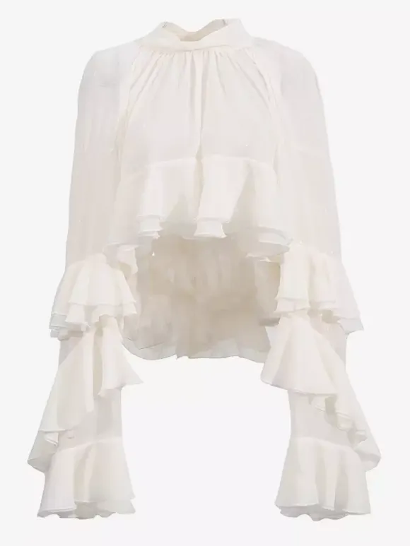 Victorian Ruffle Blouse For Women - Fairycore Mock Neck Tiered Flare Sleeve Sheer Top - Spring Date Night Party 2026