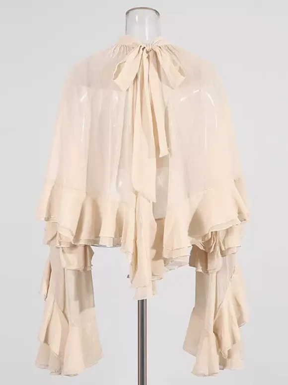 Victorian Ruffle Blouse For Women - Fairycore Mock Neck Tiered Flare Sleeve Sheer Top - Spring Date Night Party 2026