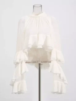 Victorian Ruffle Blouse For Women - Fairycore Mock Neck Tiered Flare Sleeve Sheer Top - Spring Date Night Party 2026