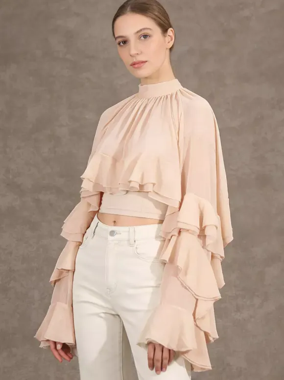 Victorian Ruffle Blouse For Women - Fairycore Mock Neck Tiered Flare Sleeve Sheer Top - Spring Date Night Party 2026