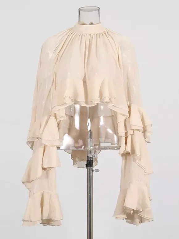 Victorian Ruffle Blouse For Women - Fairycore Mock Neck Tiered Flare Sleeve Sheer Top - Spring Date Night Party 2026