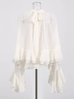 Victorian Ruffle Blouse For Women - Fairycore Mock Neck Tiered Flare Sleeve Sheer Top - Spring Date Night Party 2026