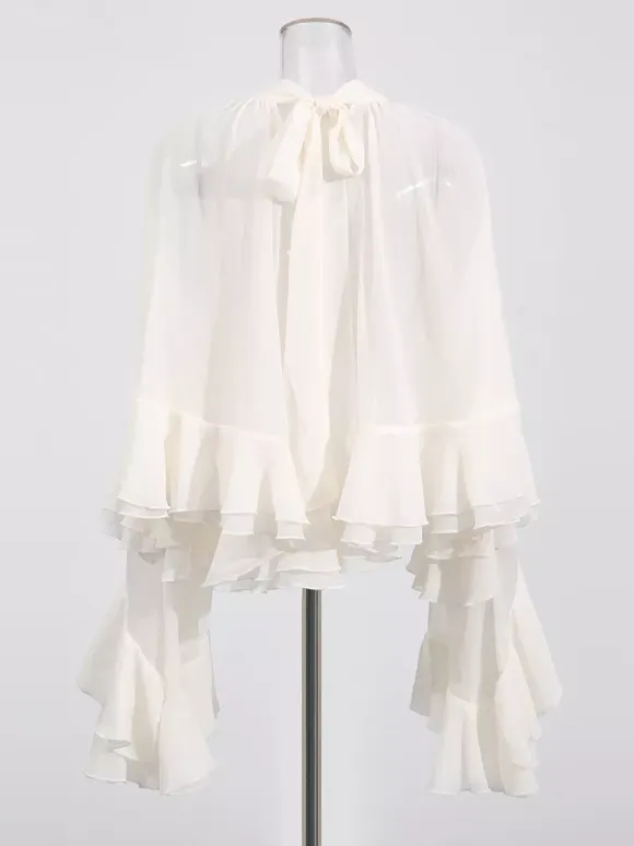 Victorian Ruffle Blouse For Women - Fairycore Mock Neck Tiered Flare Sleeve Sheer Top - Spring Date Night Party 2026