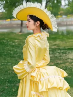 Victorian Women's Bustle Dress Yellow Historical Inspired Clothing Polyester Long Sleeve Lace Ruffles Cottagecore Vintage Dress