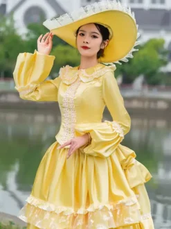Victorian Women's Bustle Dress Yellow Historical Inspired Clothing Polyester Long Sleeve Lace Ruffles Cottagecore Vintage Dress