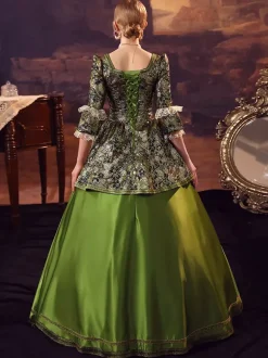 Victorian Baroque Green Long Sleeves Vintage Jacquard Dress Era Clothing with hat Retro Tudor Dress Costumes