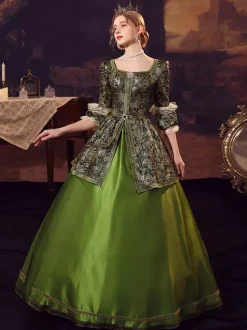 Victorian Baroque Green Long Sleeves Vintage Jacquard Dress Era Clothing with hat Retro Tudor Dress Costumes