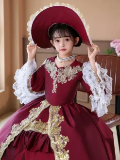VictorianDress Burgundy Costumes Ruffles Dress Party Prom Dress Victorian Rococo Costumes
