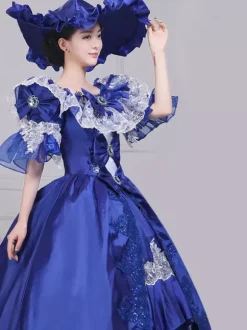VictorianDress Womens Vintage Gown Dress Blue Satin Lace Bateau Puff Sleeve Drama Show Evening Dress