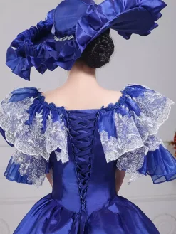 VictorianDress Womens Vintage Gown Dress Blue Satin Lace Bateau Puff Sleeve Drama Show Evening Dress