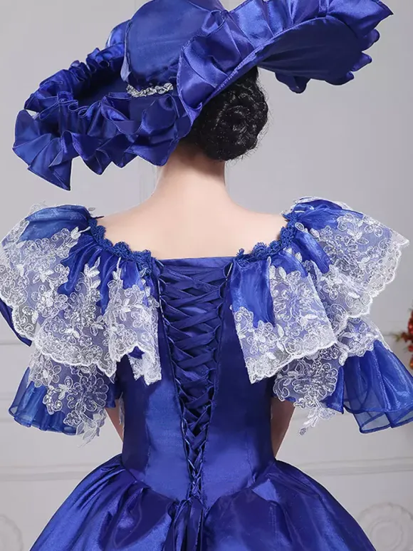 VictorianDress Womens Vintage Gown Dress Blue Satin Lace Bateau Puff Sleeve Drama Show Evening Dress