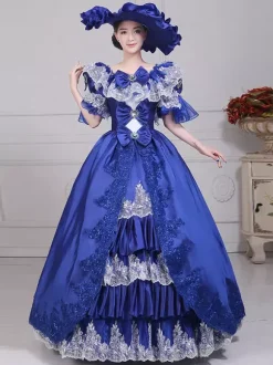VictorianDress Womens Vintage Gown Dress Blue Satin Lace Bateau Puff Sleeve Drama Show Evening Dress