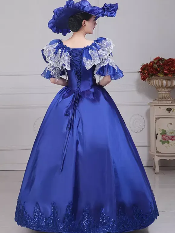 VictorianDress Womens Vintage Gown Dress Blue Satin Lace Bateau Puff Sleeve Drama Show Evening Dress